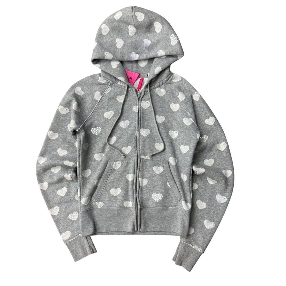 Vintage Y2K 2007 Victoria's Secret PINK Heart Rhinestone Zip Up Hoodie Womens M
